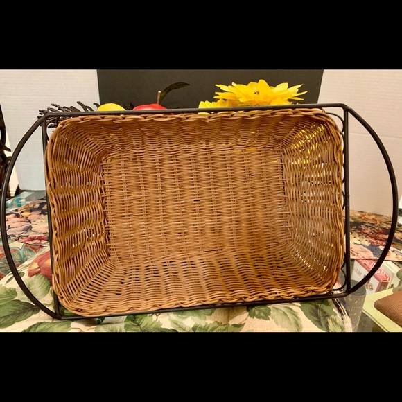 Vintage Hand Woven Reed Basket W/ Black Wrought Iron Stand. Rectangular - Picture 3 of 14